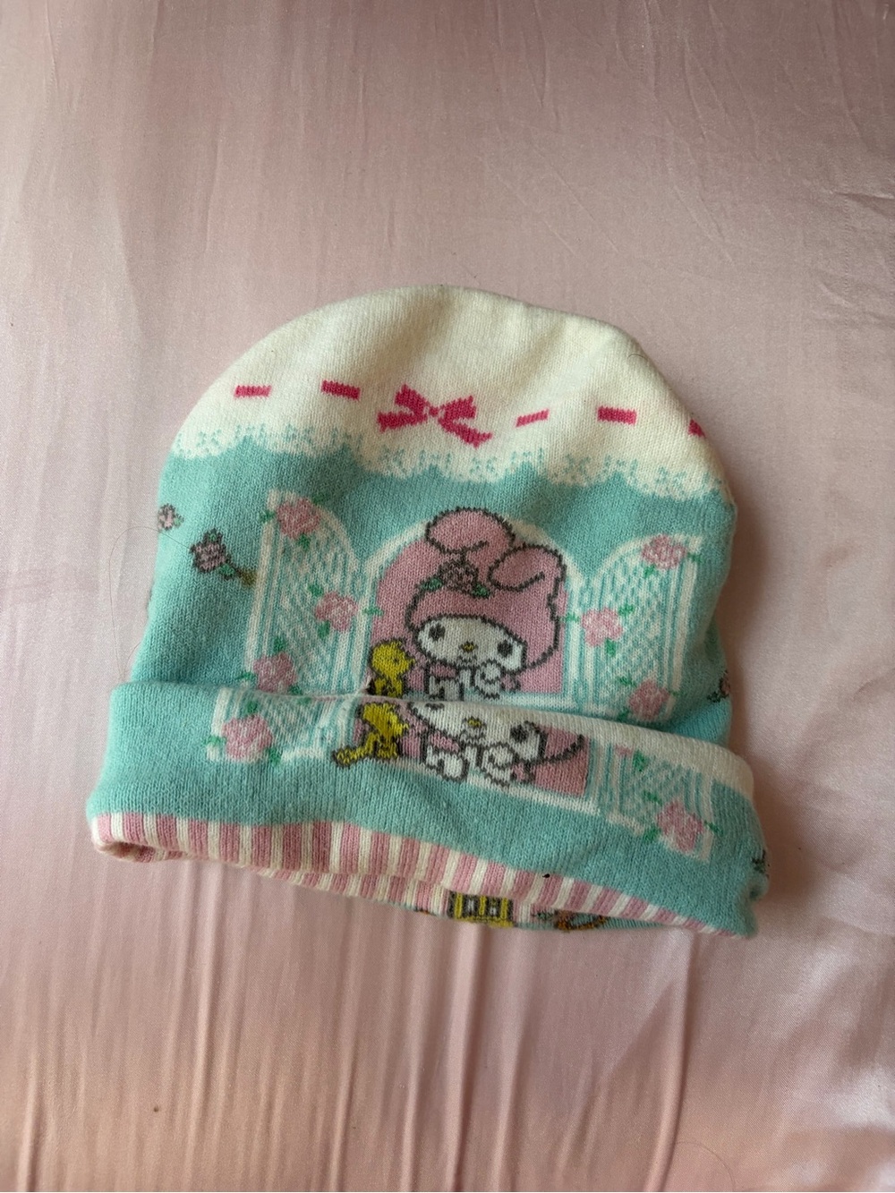 Cute My Melody Pastel Knit Beanie - Pink & Mint